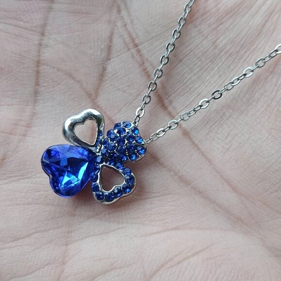 Jewelry - 4 Hearts Pendant Necklace Blue Crystals Accent Silver Tone Chain Fashion Jewelry